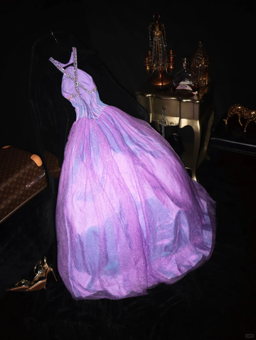 Stunning A Line Halter Beaded Sequin Purple Satin Tulle Long Party Dress Evening Dress HZ1023